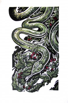 Змея в траве, размер: лист:42х60; принт:25х43 см, многоцветная линогравюра, 2022 г.