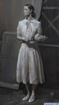 «Послевоенная девушка с цветами», 90х50, масло на грунтованной бумаге, 2021.