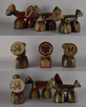 Серия скульптур Собачье дело из трех объектов приблизительно одинакового размера 25х31х11 см., шамот, глазури, дровяной обжиг, 2022