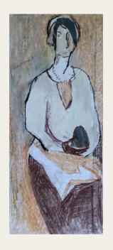 Женщина с фруктом, 60х15, масляная пастель, соус, бумага, 2021