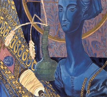 «Посвящение Модильяни. Натюрморт с бюстом дамы с длинной шеей» 2022 г. бумага, темпера, золотой акрил 60х70